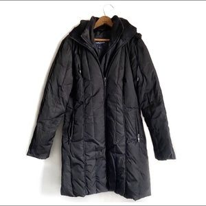 Nautica Black Down Quilted Puffer Style Long Parka Coat Sherpa Lined Hood Zip Up